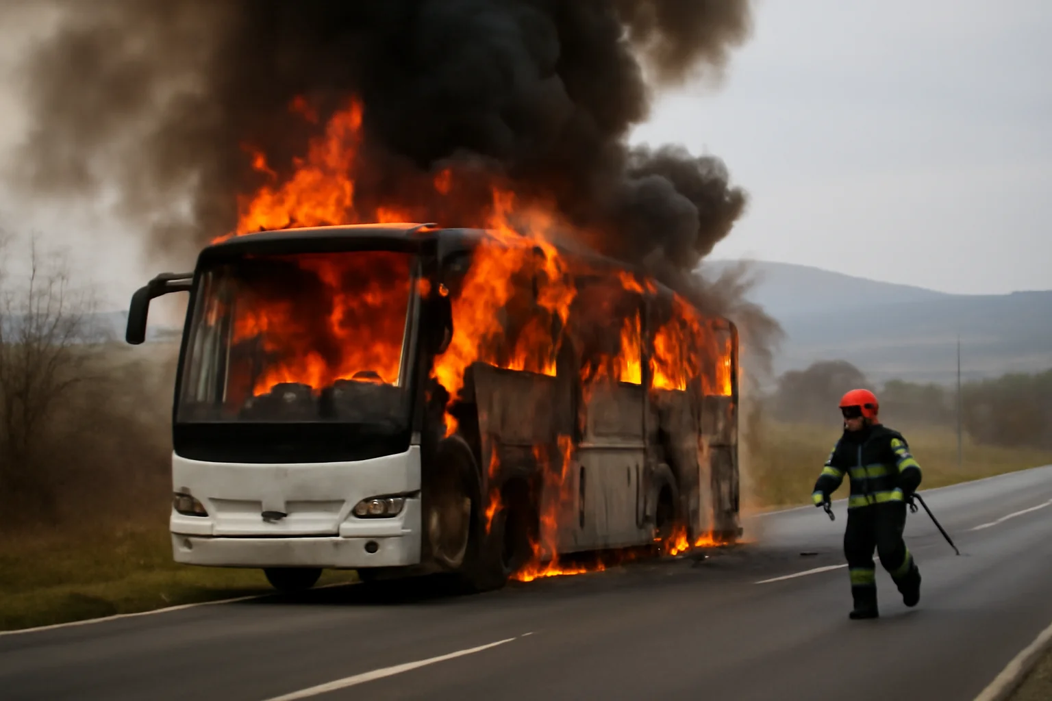 Autocar cu muncitori plecat din Bacău, cuprins de flăcări în mers pe un drum din județul Mureș