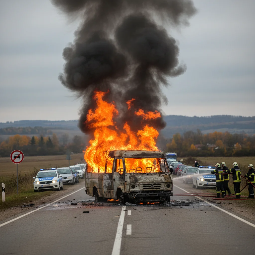 Microbuz cu 18 pasageri cuprins de flăcări pe DN 11A, județul Bacău – Trafic restricționat între Huruiești și Homocea