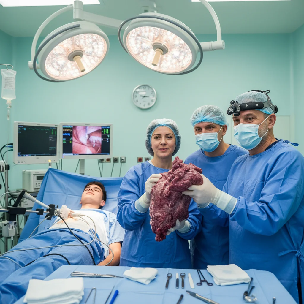 Tumoră de 4,2 kg la splină, îndepărtată laparoscopic la un adolescent de echipa dr. Galinescu de la SJU Bacău