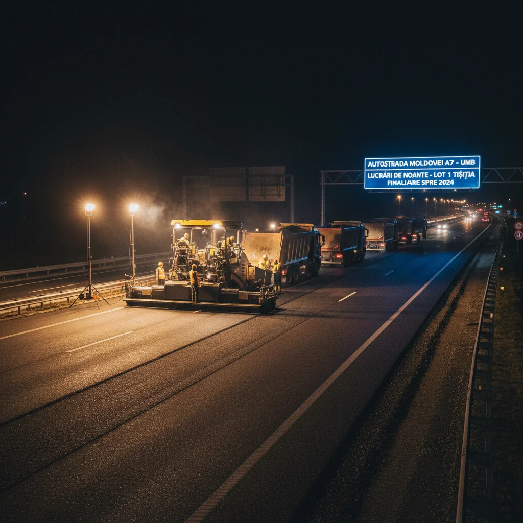 UMB asfaltează pe timpul nopții pe Lotul 1 – Tișița, traficul Adjud-București posibil neîntrerupt până la finalul anului