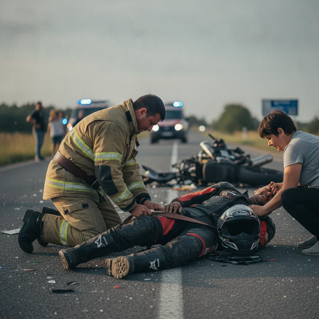 Un pompier din Bacău și-a folosit cureaua pentru a salva un motociclist grav rănit la Târgu Trotuș