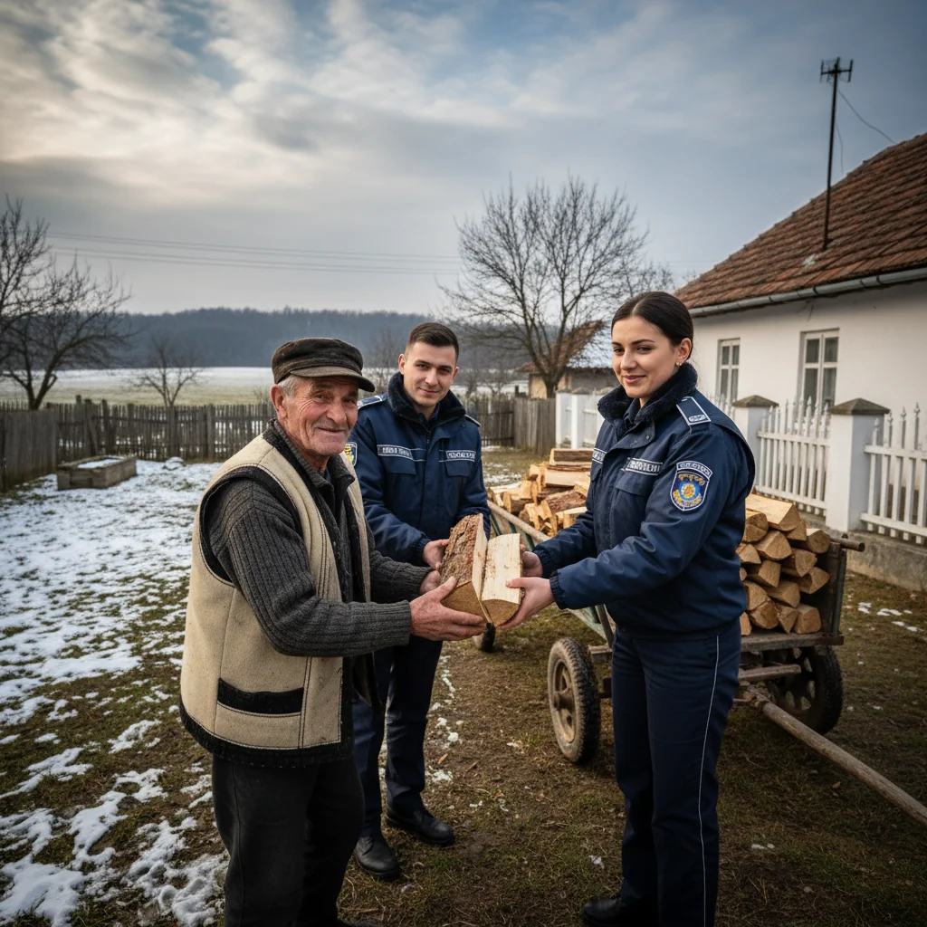 VIDEO Jandarmii băcăuani au oferit lemne de foc bătrânului Nea Vasile din Stănișești